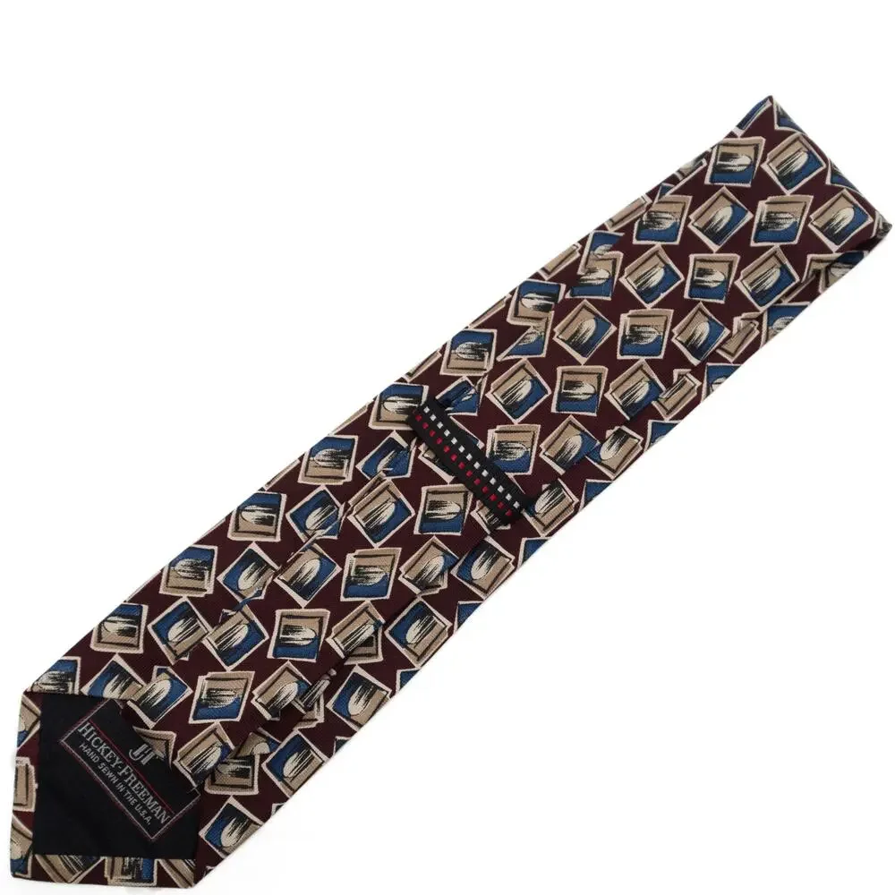 Hickey Freeman Collection Wine Burgundy Blue Geometric 100% Silk Necktie